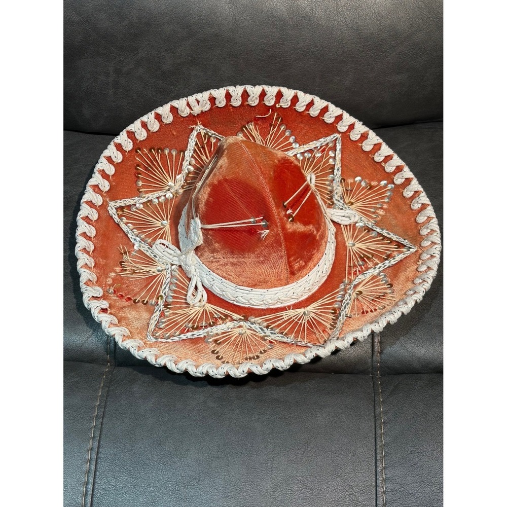 Vintage Pigalle Mexican Sombrero Red Velvet Silver Sequin Embroidery Hat XXXX